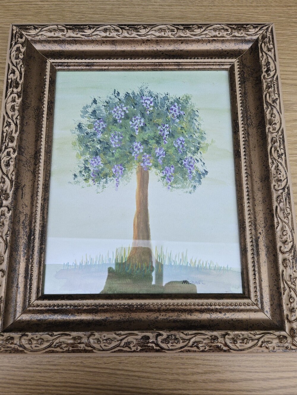 Original Framed Watercolor Blossoming Tree Artist Signed "Michael" 11x13"